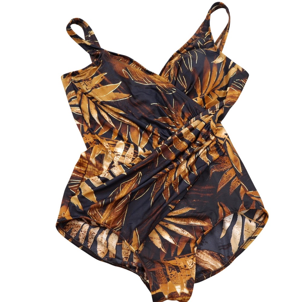 Miraclesuit‎ 1 Piece Swimsuit Women 12 Brown Black Floral Surplice Wrap USA